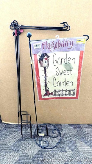 Garden flag, garden flag holders and holder stand. Flag holders stand 44" tall, flag measures 13" x