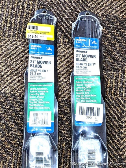 Pair of Arnold brand 21" mower blades fits most brands but see pictures for compatibility.
