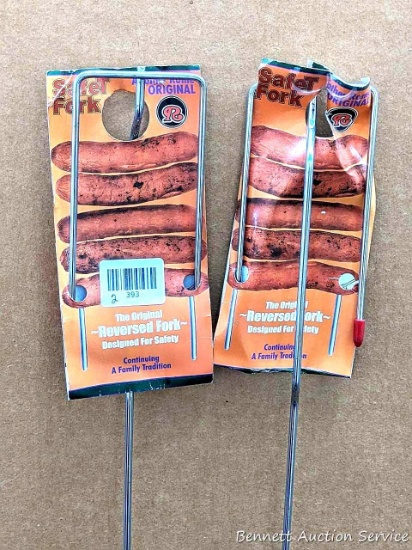 Pair of SafeT Fork Reversed Forks for roasting hot dogs and marshmallows. Tines bend backwards to