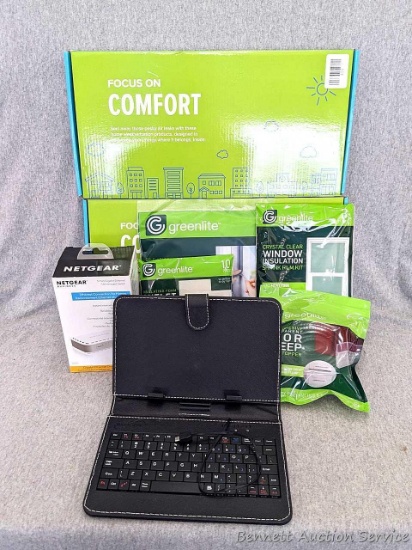 NIP Netgear 5-port gigabit ethernet unmanaged switch, 9" wide Super Sonic tablet keyboard, opened