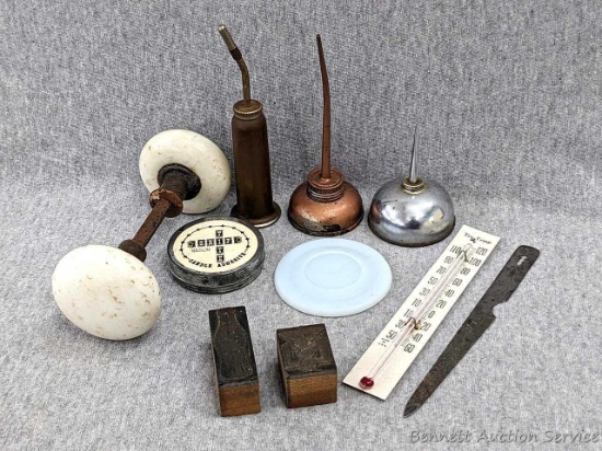 Nifty assortment of tiny oil cans, old door handle, grip tite candle adhesive, interesting EMS stamp