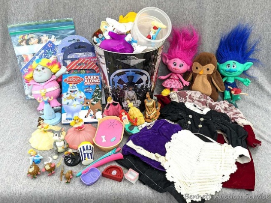 Trolls, Beanie babies, Disney princesses, Smurf toys, books, and more