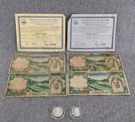 Two individually struck .999 pure Silver Clad quarters and four Saudi Arabian paper currency.
