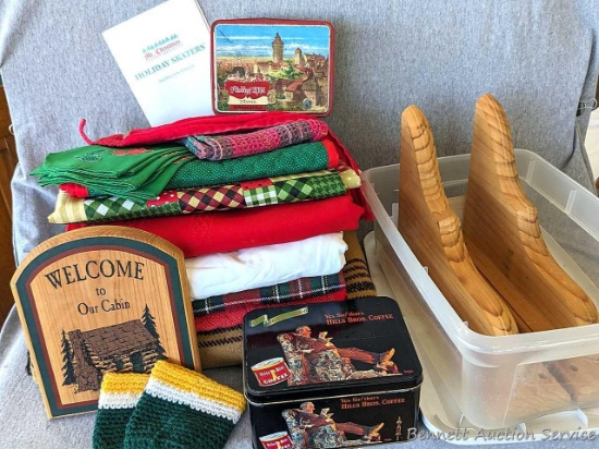 Vintage tins, heavy duty wooden shelf brackets, 9" Welcome To Our Cabin sign, classy red Christmas