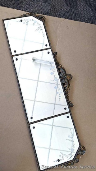 Pretty antique buffet mirror has etched flowers on glass and beveled edges. Measures about 46" x 17"