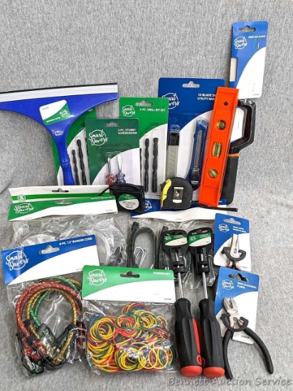 Torpedo level, tape measures, needle nose and diagonal pliers, Phillips screw driver, mini hacksaw,