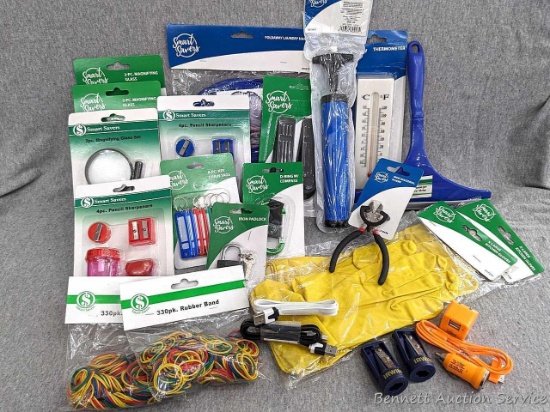 Iron padlock, D-ring w/compass, mini diagonal pliers, key chain tags, door stoppers, hand pump,