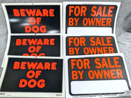 Six signs including For Sale By Owner and Beware of Dog; signs measure 8-1/2" x 12".