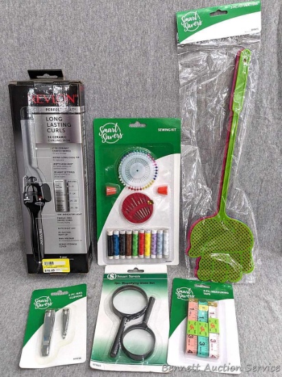 Revlon 1" barrel curling iron, nail clippers, measuring tapes, magnifying glasses, fly swatters,