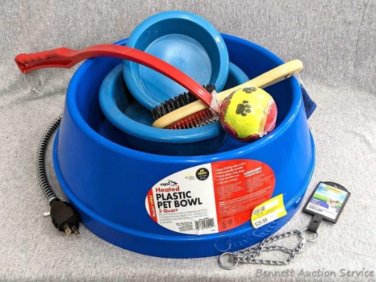 Three different sized dog/cat dishes and brush, pet toy launcher, toy size 14 chain collar.