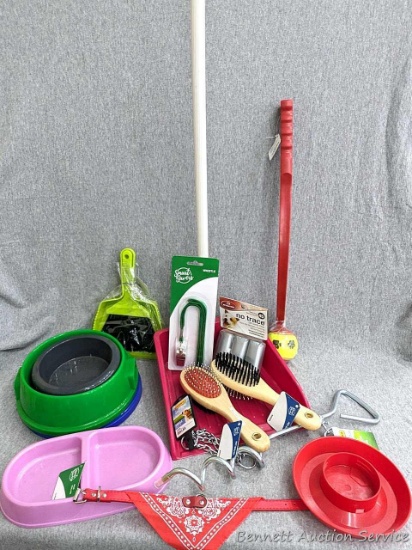 Pet dishes, brushes, collar, spiral stake, pet toy launcher, dust pan with handle and small dust pan