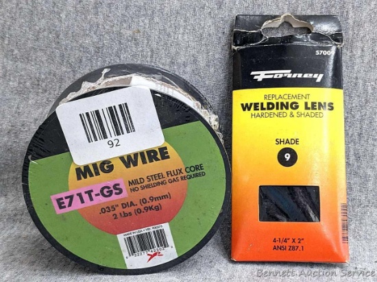 Forney flux core mild steel MIG wire; .035" diameter, 2 pounds and replacement welding lens,