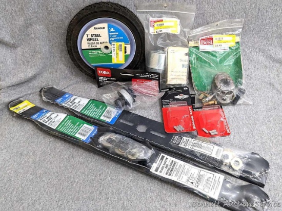 Arnold 20" and 22" mower blades, blade adapter, 7" steel wheel, small engine muffler, Toro model