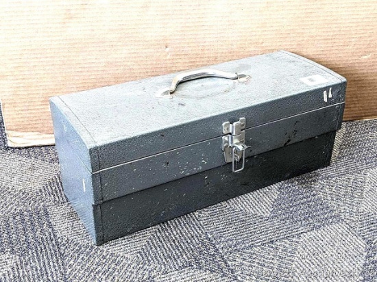 Nice lockable 19" wide tool box with tray and a burlap sack. Box in good condition with just a