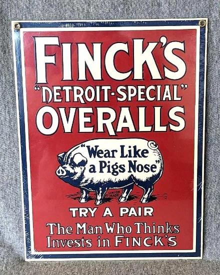 Andy Rooney's porcelain advertising sign promotes Finck's "Detroit-Special" Overalls - they "Wear