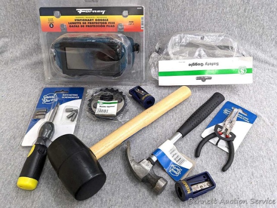 Forney hardened stationary goggle, 16 oz. rubber mallet, small hammer, mini needle nose pliers,
