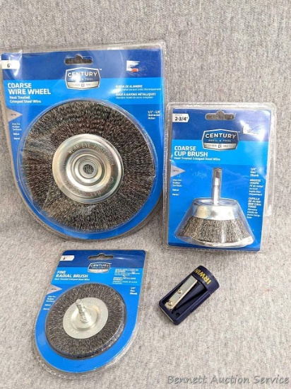 Century 6" coarse wire wheel, 2-3/4" coarse cup brush and 3" fine radial brush.