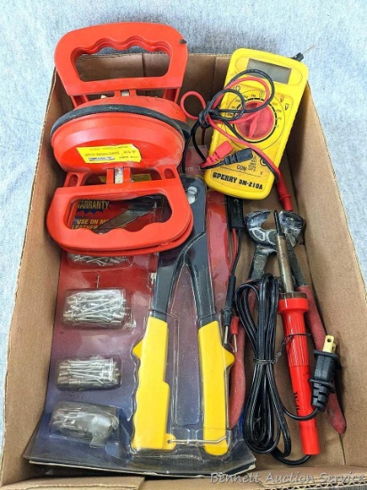 Sperry DM-210A multimeter, Weller SP23L soldering iron, Pittsburgh hand riveter set, circuit tester,