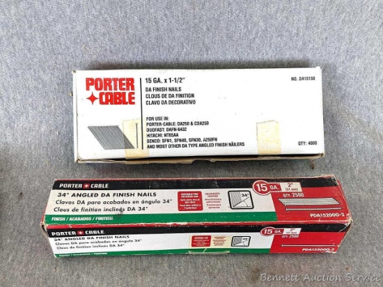 Partial boxes Porter Cable 15 ga x 1-1/2" DA finish nails, and Porter Cable 34 degree, 15 ga, 2"