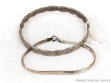 Pickup in Rib Lake. Two silver bracelets. Flexible is marked on clasp holders '925', hoop style is