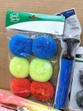 Assorted new household cleaning items incl static dusters, sponges, feather duster, laundry hamper,