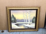 Pickup in Rib Lake. Calming painted canvas by J.P. Walter depicts a winter landscape and measures