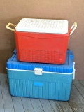 Pickup in Rib Lake. Pair of vintage plastic coolers. Red one is Arctic brand, blue is Thermos brand