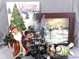 Assortment of Christmas holiday decor incl small Santa Claus cake stand, Moonrays solar LED yard