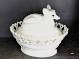 Pickup in Rib Lake. White milk glass fox on pedestal nest has a patent date on underside Aug. 6,