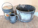 Pickup in Rib Lake. Metal bushel basket with handle; bucket with lid and remnants of a label. Basket