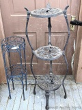 Pickup in Rib Lake. Beautiful cast metal plant stand is nearly 3-1/2' tall; bent wire plant stand is