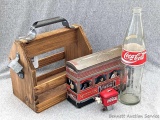 Wooden six pack bottle holder with opener, Coca-Cola bottle, cable care tin and ornament; wooden