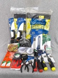 Assortment of new tools incl Irwin pencil sharpener, mini hacksaws, pliers, levels, drill bits,,