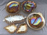 Six candy/condiment dishes of carnival glass; largest measures 7-1/2