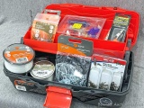 A sweet little tackle box filled with fishing gear incl assorted sinkers, 4-lb monofilament line,