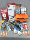 Variety of supplies to toss into your tackle box! Small tackle box, hooks, alligator clips, snap