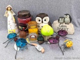 Garden decorations incl angel, owls, glass bugs, mushroom, more; jarred candles incl large McCalls