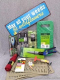 Metal wildflowers sign, Best Garden brand 3-pc garden tool set, Best Garden swivel grass shear,