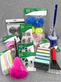 Plethora of cleaning and organizing supplies for your home incl sponges, scrubber, toilet brush,