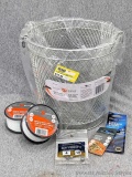 Minnow trap basket with 10- & 30-lb monofilament fishing line, split shot sinkers, brass snap