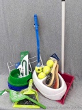 Pampered pooch owners-- take a l@@k!! Pet food dishes, a toy ball launcher and spare tennis balls,