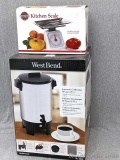 West Bend 30-cup Automatic coffeemaker; Norpro 22-lb kitchen scale. Both NIB.