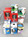 Plethora of Philips lightbulbs, also Satco, Do It Best, GE. See pictures for styles and wattage.