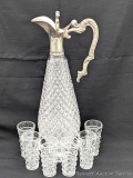 Vintage glass decanter with silver plated spout and handle and 6 matching small glasses; decanter