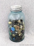 Collection of large vintage buttons come in a quart-and-a-half blue Ball jar with zinc lid. One of