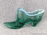 Vintage Fenton Sea Mist Green Opalescent Embossed Roses pattern slipper is in good condition with no