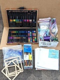 Plethora of artistic supplies for your budding artist. Wooden box of art supplies has a broken