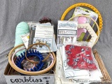 Knitting looms, yarn, plastic canvas Snowman project, crochet hooks, vintage sewing patterns, cross