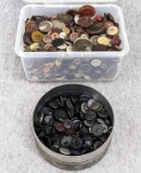 Plethora of vintage buttons in a metal tin and a 4