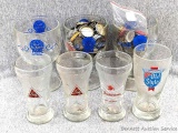 Budweiser, Blatz, Pabst beer glasses plus bottle caps. Taller beer goblets stand 6